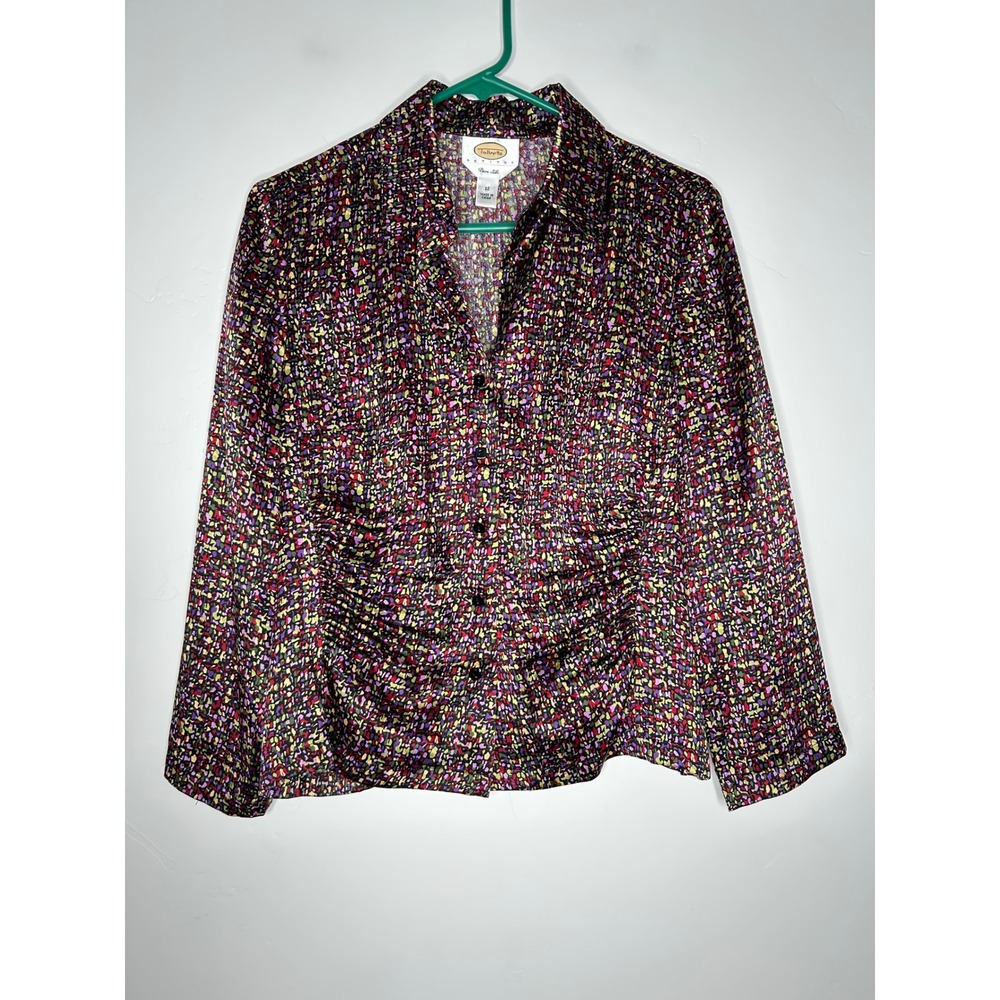 Talbots Silk Button Front Long Sleeve Blouse Multicolor Speckle Print Office 12P